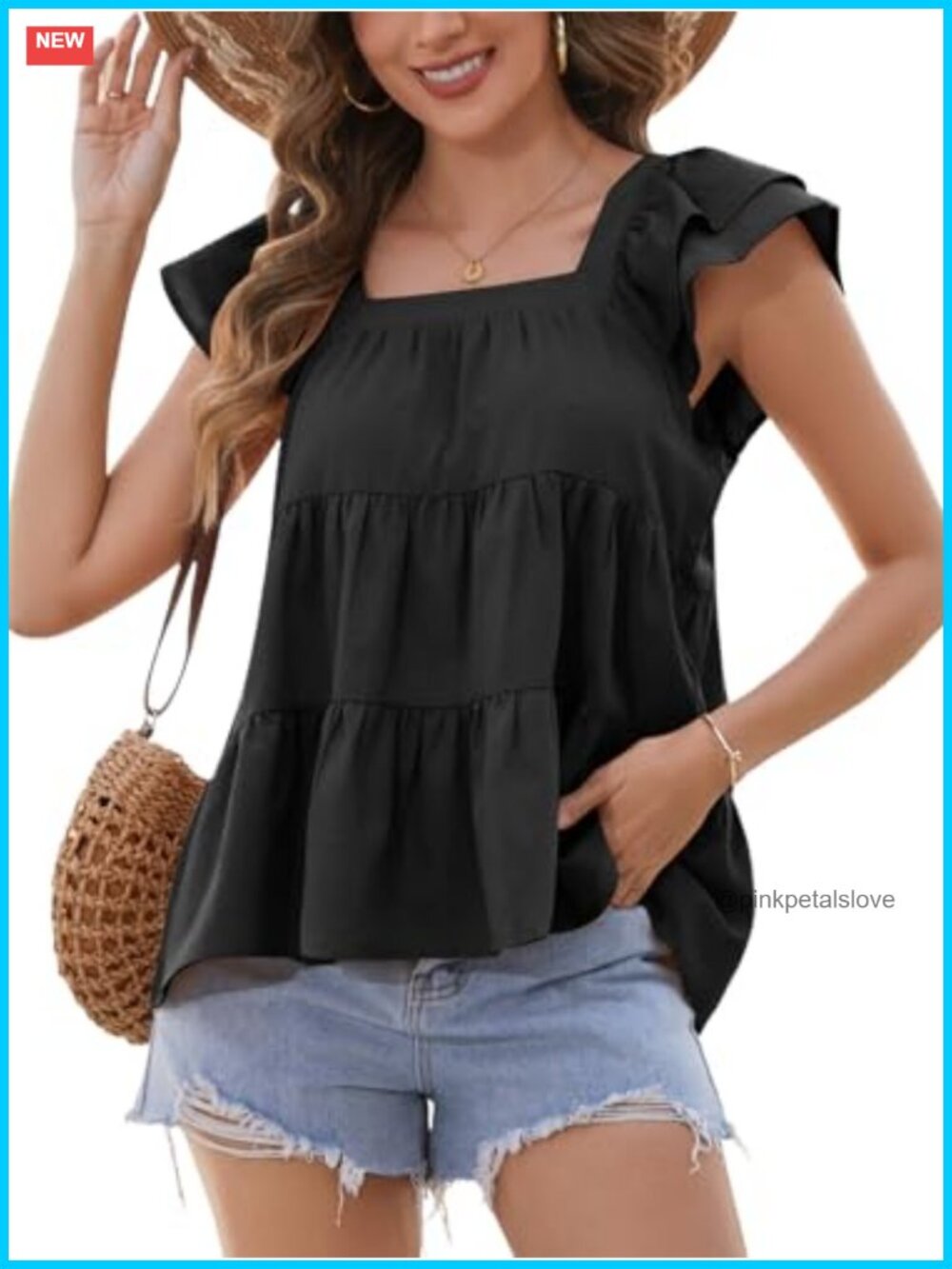 Rayon Cotton Babydoll Peplum Tank Top Ruffle Sleeve Square Neck Flowy Blouse